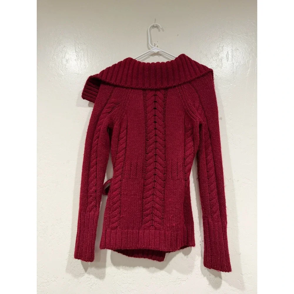 Vince Merino Wool Alpaca Cable Knit Wrap Cardigan Burgundy Red 70859 Medium